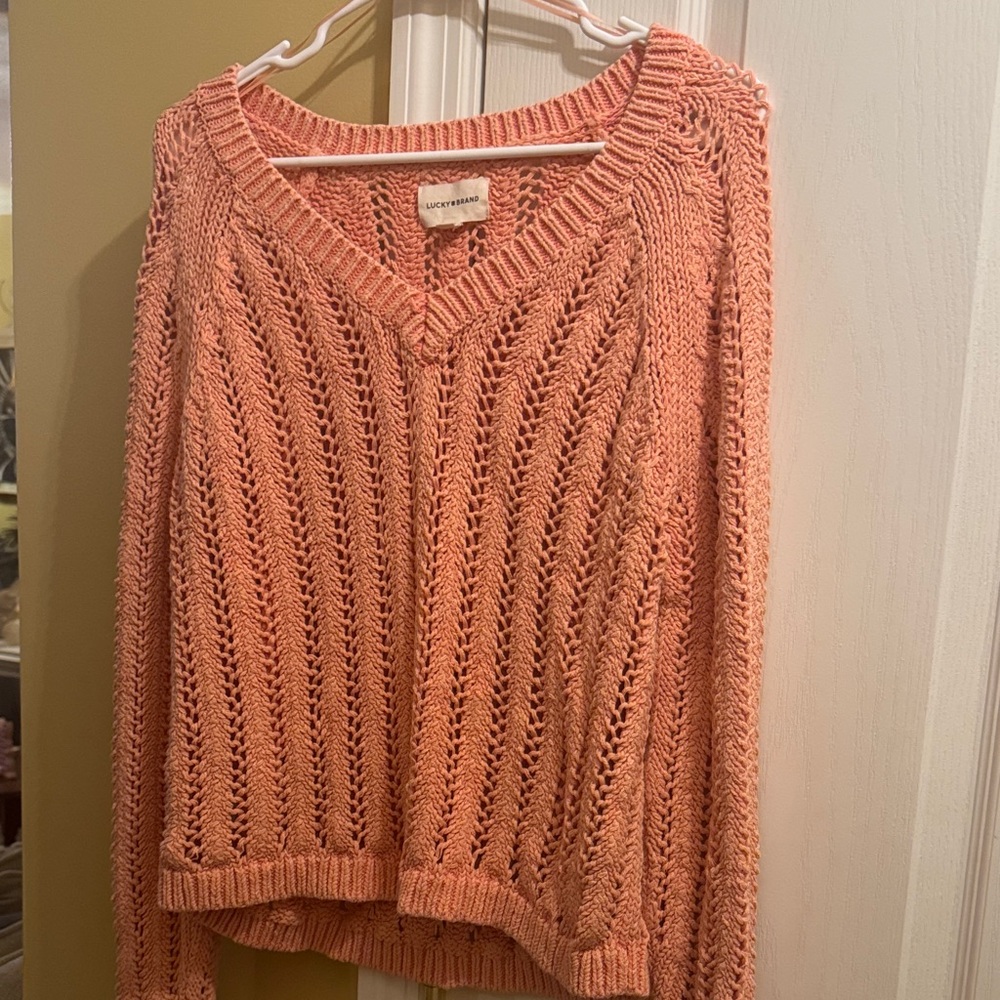 Lucky Brand Women's Peachy Coral Open-Knit V-Neck Sweater